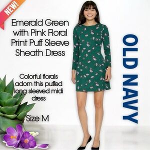 NWT Old Navy Floral Print Puff Sleeve Ponte-Knit Shirred-Sleeve Sheath Dress